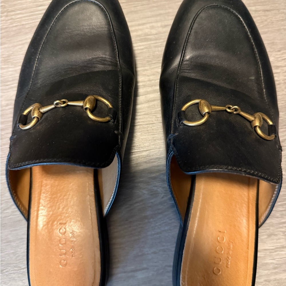 Gucci Black Leather Men's Slip-On Loafers with Gold Detail